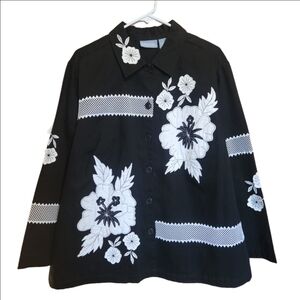 LIZ & ME BLACK WHITE FLORAL EMBROIDERED LACE APPLIQUE JACKET SHIRT SHACKET 1X